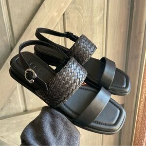 AEROSOLES WOMENS BLACK VEGAN LEATHER BASKET WEAVE SQUARE TOE WEDGE SANDAL 10